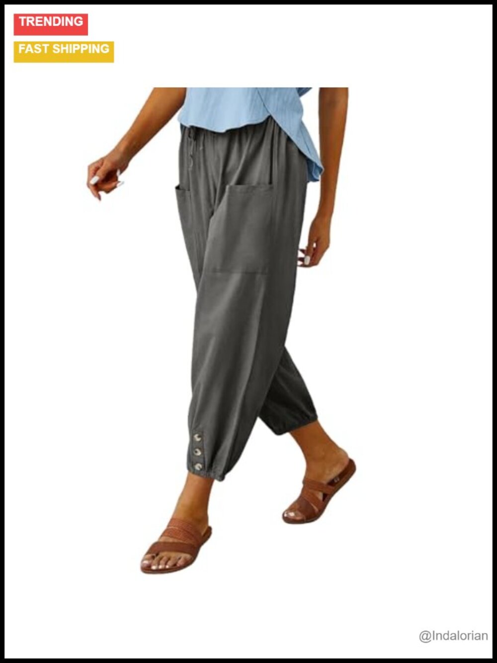 Cotton High Waisted Elastic Harem Capri Pants with Pockets